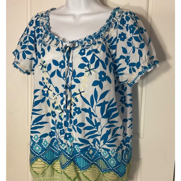 Keren Hart White Floral Embroidered Smocked Boho/Peasant Top Sz M - Picture 2 of 9